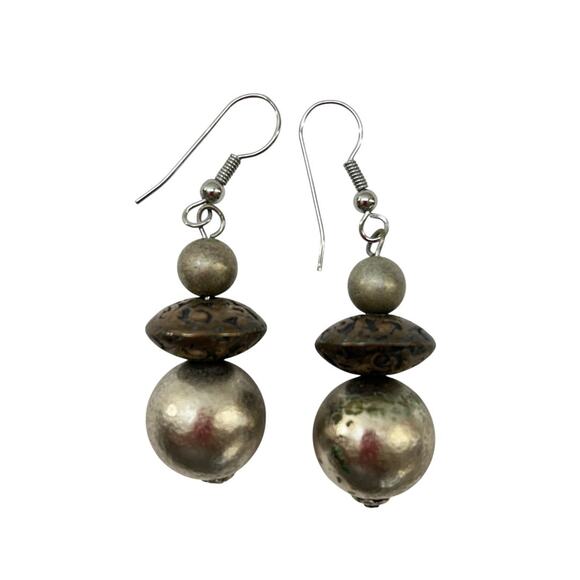 Mixed Metal Fishhook Pierced Beaded Earrings 2" Drop Dangle - Picture 2 of 5